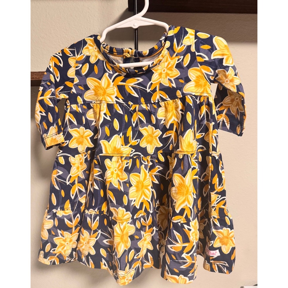 RuffleButts 6-12mos Blue Yellow Floral Tiered Stretchy Cotton Dress Colorful Art